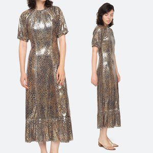 Sea New York Leo Sequin Midi Dress Sz 0 Gold Glitter High Neck Ruffled Hem